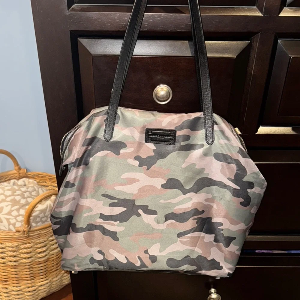 Rebecca Minkoff camouflage camo tote brown leather handles green brown pattern
